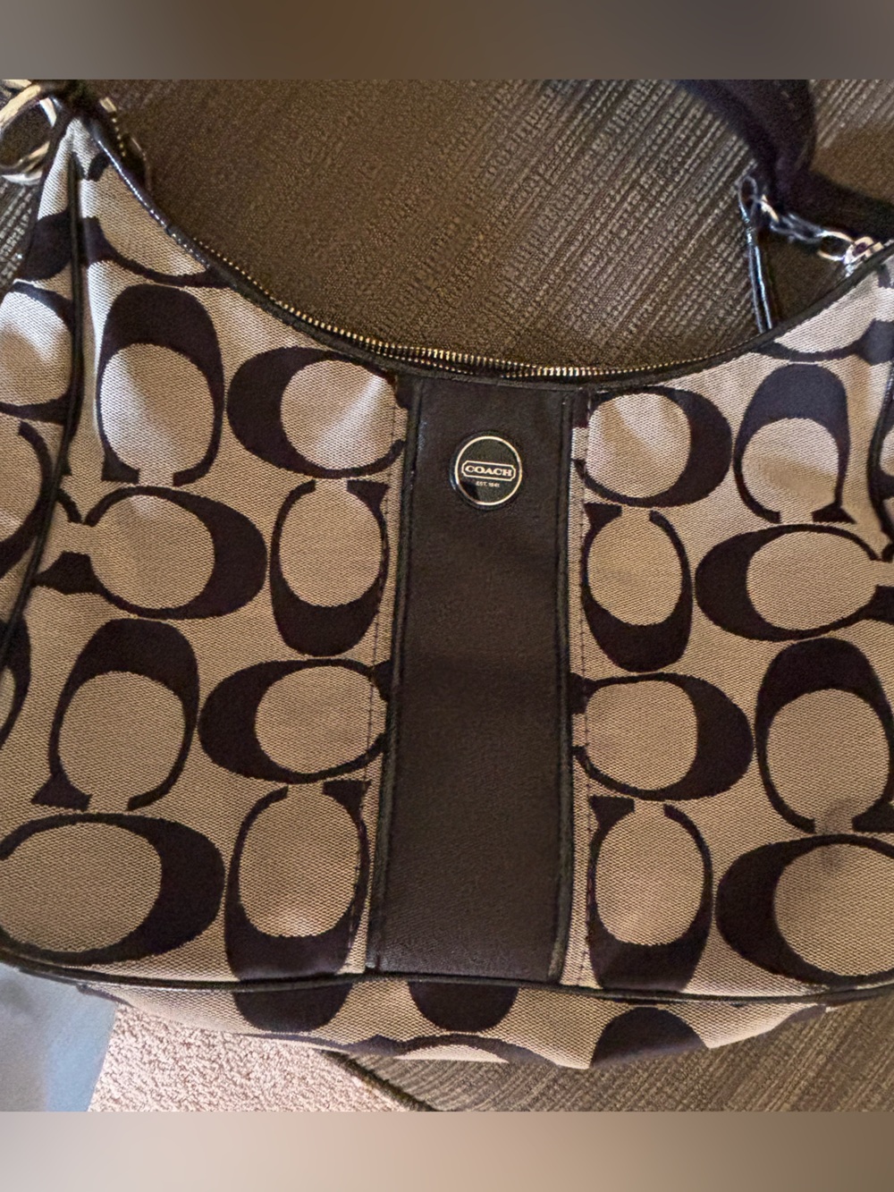 Coach Signature Canvas Hobo Bag in Black and Tan